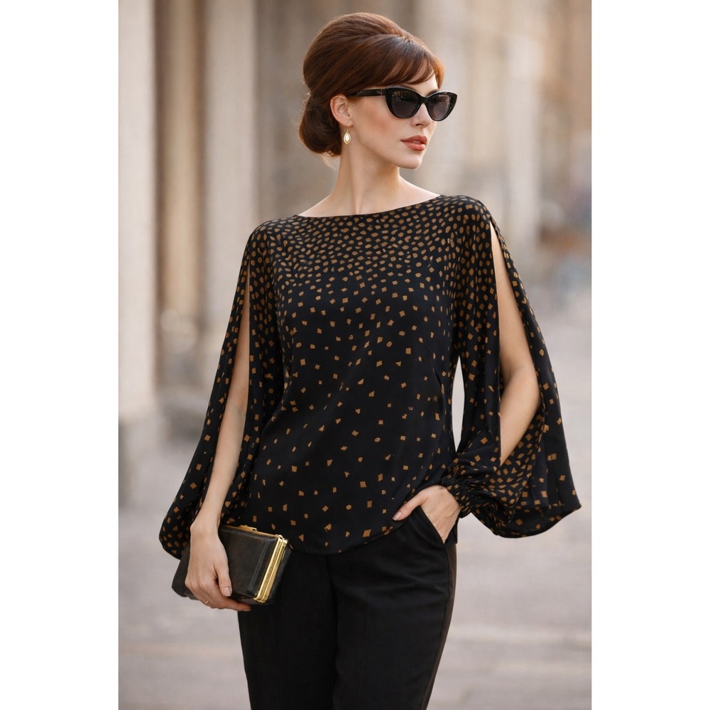 Vintage Black Tan Geo Print Slit Sleeve Bishop Tunic Top
